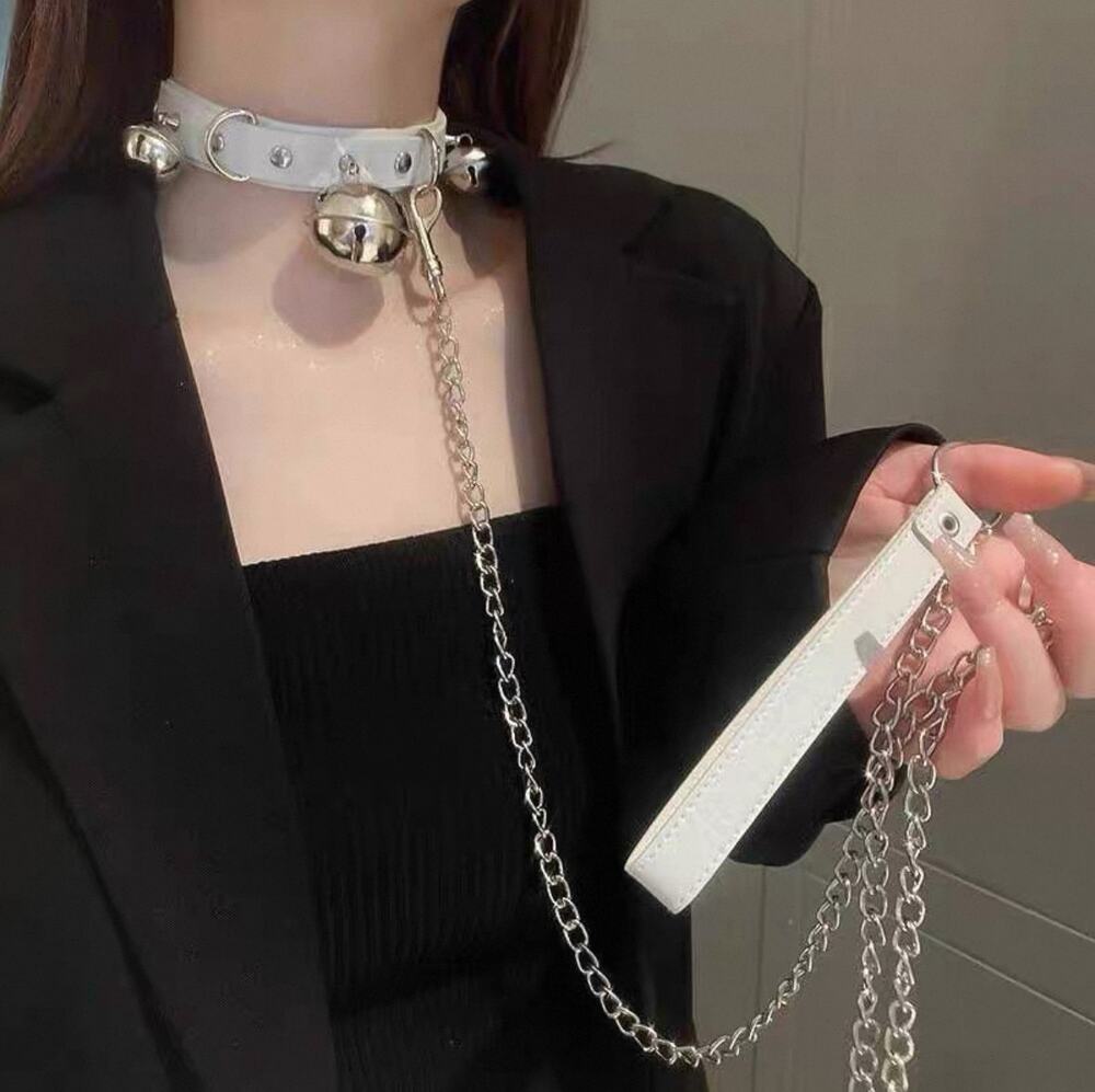 Punk Goth White PU Leather Choker Collar with Bells and Leash Set